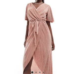 Champagne Dusty Pink Short Sleeve Plisse Wrap Midi Dress from ASOS